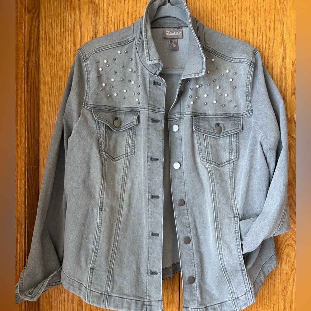Chico's Gray Denim Jacket with Studded Detail-worn once